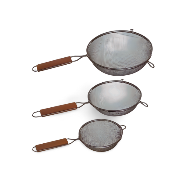 Coladores acero inoxidable + mango madera ø12 cm / ø16 cm / ø20 cm, 3 uds